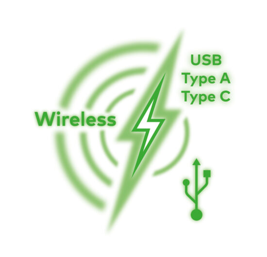 Wireless, USB A & C Ladeoptionen Wireless, USB A & C Ladeoptionen
